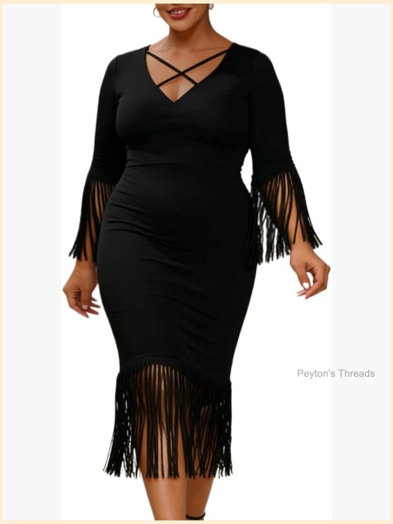 V-Neck Fringe Sleeve Patchwork Pencil Cocktail Dress